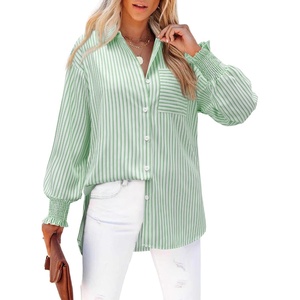 siliteelon Striped Button Down Shirts for Women Long Sleeve Blouses Boyfriend Plus Collared Smocked Business Casual Tops(Light Green)