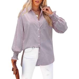 siliteelon Striped Button Down Shirts for Women Long Sleeve Blouses Boyfriend Plus Collared Smocked Business Casual Tops(Lilac)