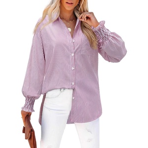 siliteelon Striped Button Down Shirts for Women Long Sleeve Blouses Boyfriend Plus Collared Smocked Business Casual Tops(Magenta)