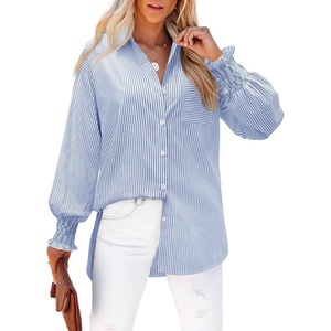 siliteelon Striped Button Down Shirts for Women Long Sleeve Blouses Boyfriend Plus Collared Smocked Business Casual Tops(Navy Blue)