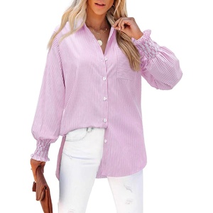 siliteelon Striped Button Down Shirts for Women Long Sleeve Blouses Boyfriend Plus Collared Smocked Business Casual Tops(Pink)