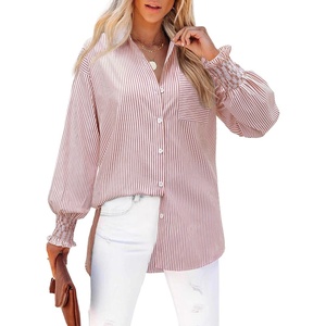 siliteelon Striped Button Down Shirts for Women Long Sleeve Blouses Boyfriend Plus Collared Smocked Business Casual Tops(Pink With Red)