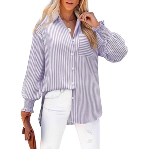 siliteelon Striped Button Down Shirts for Women Long Sleeve Blouses Boyfriend Plus Collared Smocked Business Casual Tops(Purple)