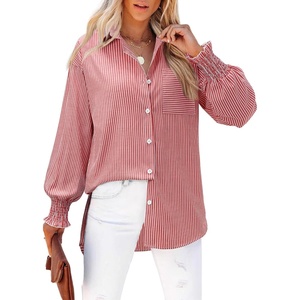 siliteelon Striped Button Down Shirts for Women Long Sleeve Blouses Boyfriend Plus Collared Smocked Business Casual Tops(Red and White)