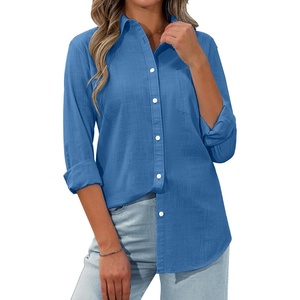 siliteelon Womens Button Down Shirt Linen Button Up Shirts for Women Long Sleeve Summer Shirt Collared Blouse Linen Tops(Royal Blue)