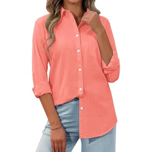 siliteelon Womens Button Down Shirt Linen Button Up Shirts for Women Long Sleeve Summer Shirt Collared Blouse Linen Tops(Watermelon)