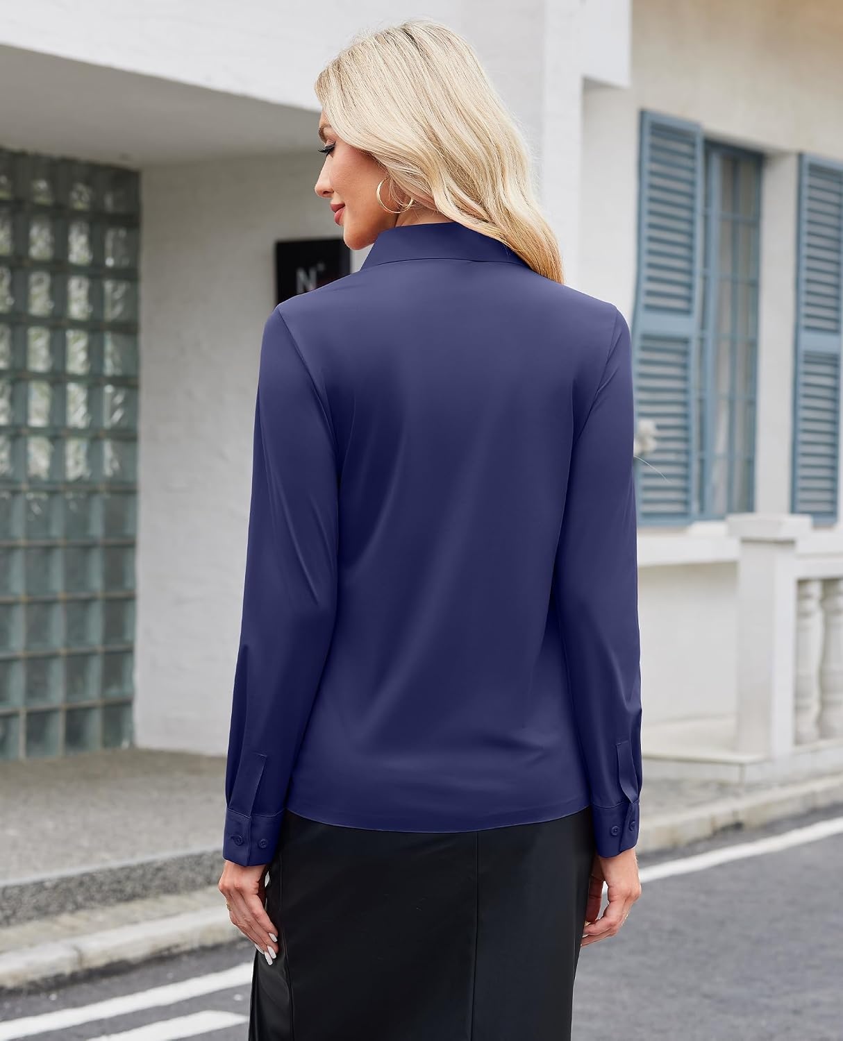 image:imagesiliteelon Button Down Shirts for Women Stretch Long Sleeve Fitted Business Casual Collar Tops Work Wrinkle FreeNavy Blue