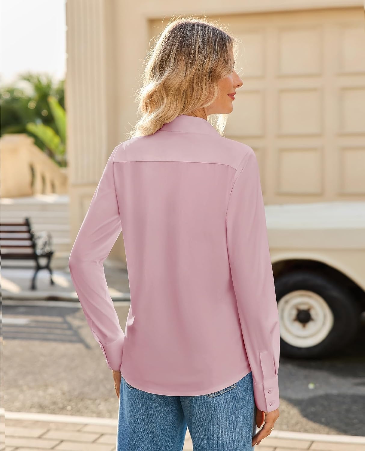 image:imagesiliteelon Womens Button Down Shirt Stretch Dress Shirt Collared Long Sleeve HiddenButton Work Shirt WrinkleFree BlousePink