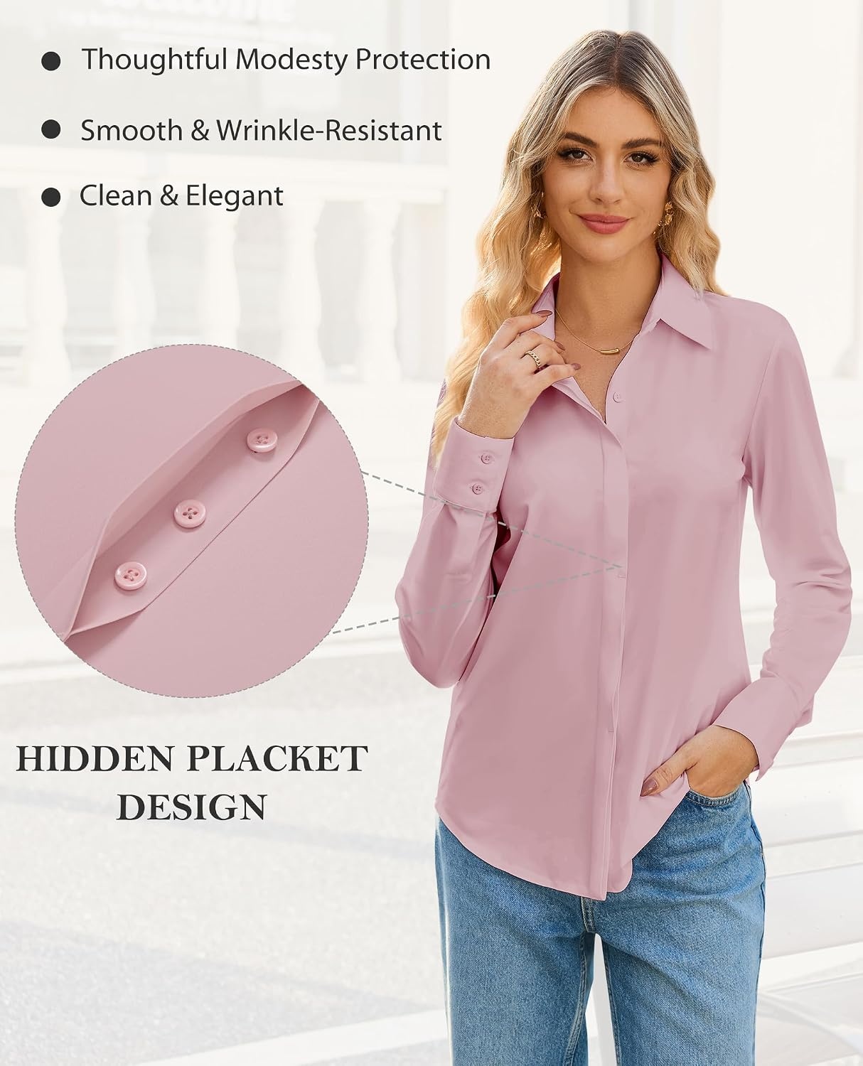 image:imagesiliteelon Womens Button Down Shirt Stretch Dress Shirt Collared Long Sleeve HiddenButton Work Shirt WrinkleFree BlousePink