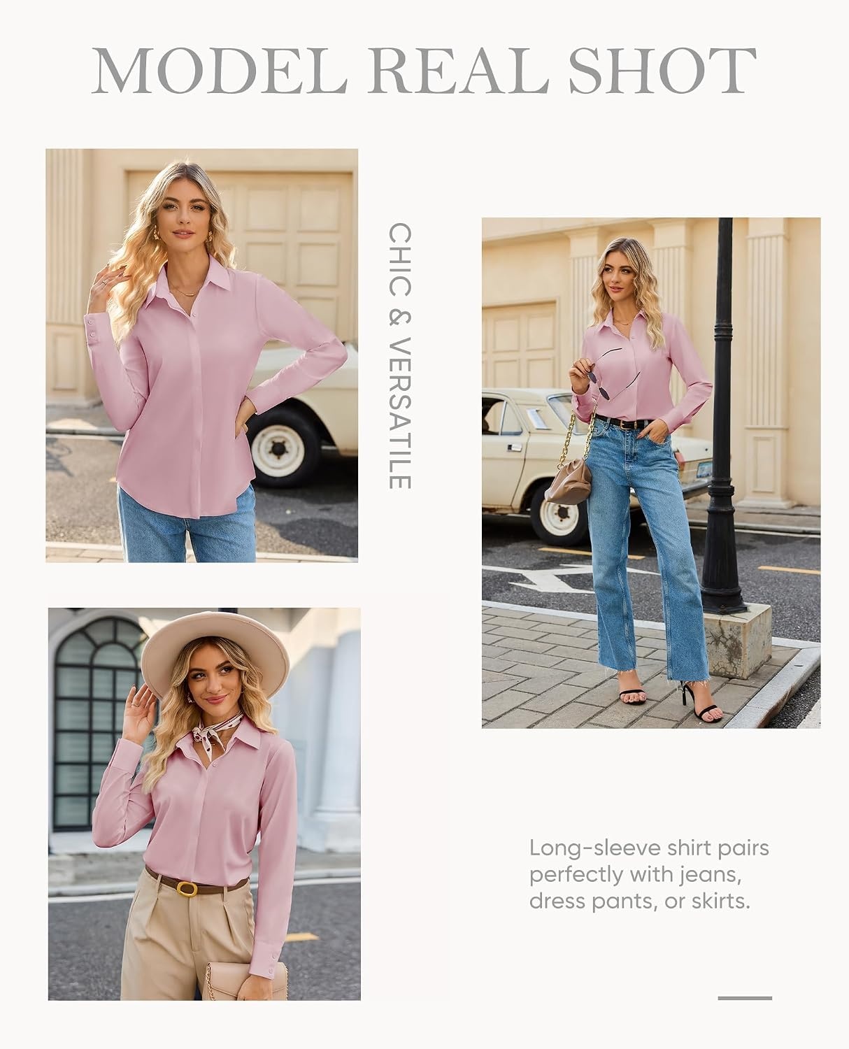 image:imagesiliteelon Womens Button Down Shirt Stretch Dress Shirt Collared Long Sleeve HiddenButton Work Shirt WrinkleFree BlousePink