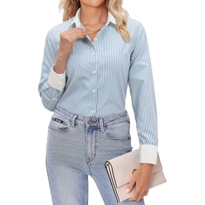 siliteelon Striped Button Down Shirts for Women Dress Shirts Long Sleeve Casual Collared Office Work Blouses Tops(Blue)