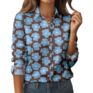 siliteelon Women Button Down Shirts Dress Shirts Long Sleeve Classic-Fit Cotton(Blue Floral Print)