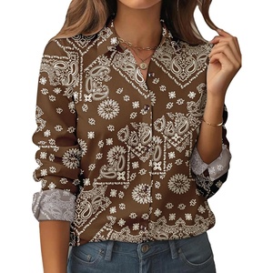 siliteelon Women Button Down Shirts Dress Shirts Long Sleeve Classic-Fit Cotton(Coffee Brown Flower)
