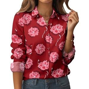 siliteelon Women Button Down Shirts Dress Shirts Long Sleeve Classic-Fit Cotton(Red Flower)