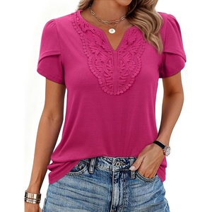 siliteelon Women Dressy Casual Blouses Short Sleeve Shirts V Neck Trendy Spring Clothes Vacation Boho Tops Hot Pink Medium
