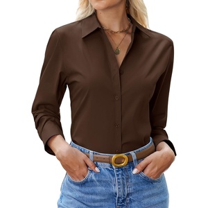 siliteelon Womens Button Down Shirt Cotton Dress Shirt Long Sleeve Collared Button Up Business Shirt Work Office Blouse(Brown)