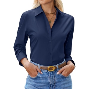 siliteelon Womens Button Down Shirt Cotton Dress Shirt Long Sleeve Collared Button Up Business Shirt Work Office Blouse(Navy Blue)