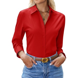 siliteelon Womens Button Down Shirt Cotton Dress Shirt Long Sleeve Collared Button Up Business Shirt Work Office Blouse(Red)