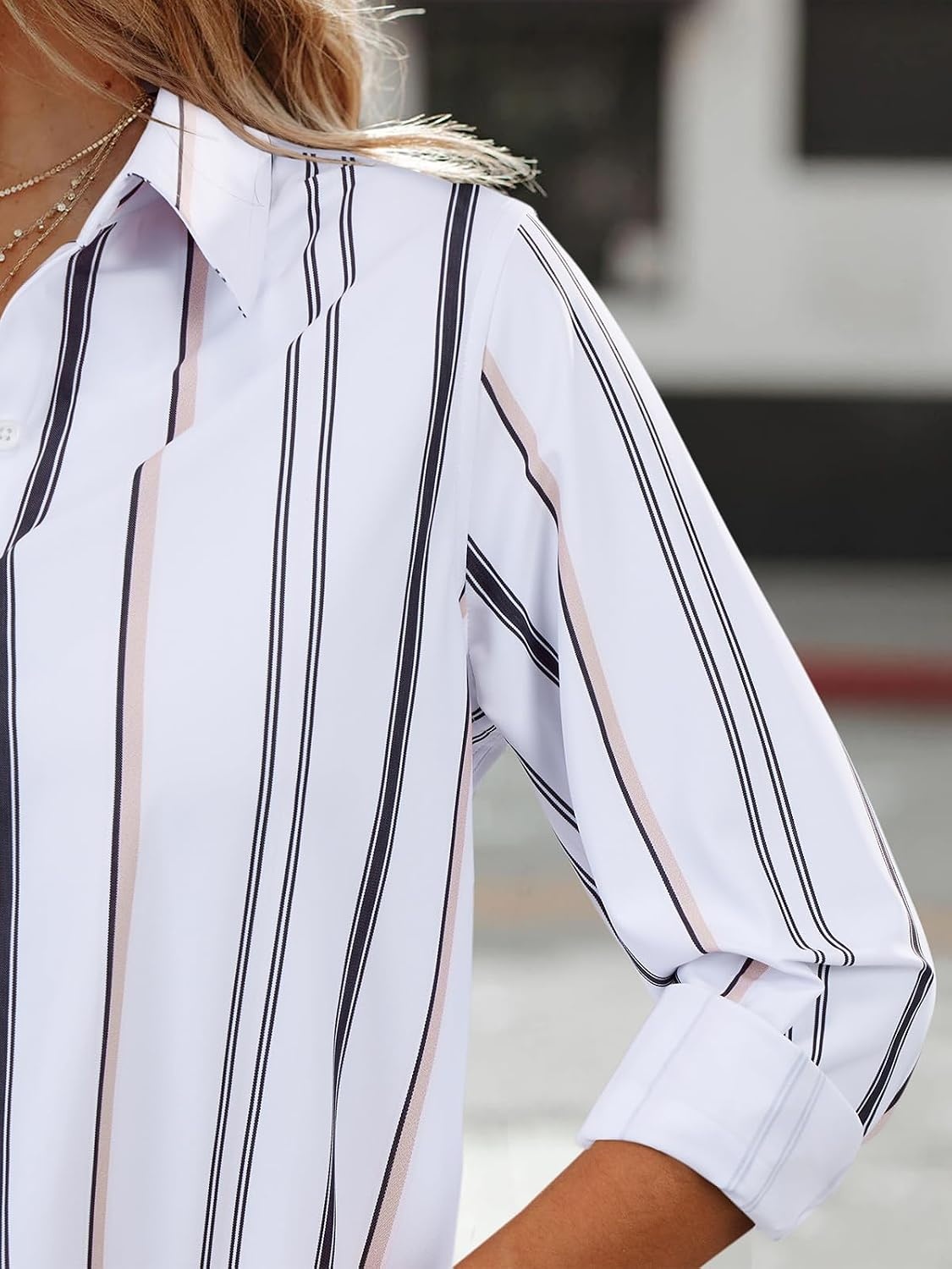image:imageStriped Button Down Shirts for Women Cotton Dress Shirt Long Sleeve Collared Blouse Tops Business Office AttirePink and White Striped