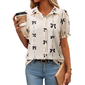 siliteelon Button Down Shirts Short Sleeve Collared Shirts for Women Puff Short Sleeve Collared Casual Spring Summer Ladies(Apricot)