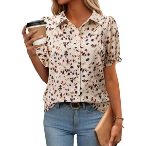 siliteelon Button Down Shirts Short Sleeve Collared Shirts for Women Puff Short Sleeve Collared Casual Spring Summer Ladies(Apricot Floral B)