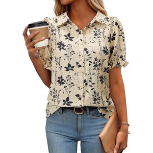siliteelon Button Down Shirts Short Sleeve Collared Shirts for Women Puff Short Sleeve Collared Casual Spring Summer Ladies(Apricot Floral a)
