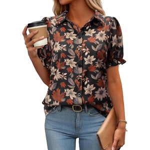 siliteelon Button Down Shirts Short Sleeve Collared Shirts for Women Puff Short Sleeve Collared Casual Spring Summer Ladies(Black Floral)