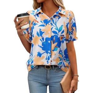siliteelon Button Down Shirts Short Sleeve Collared Shirts for Women Puff Short Sleeve Collared Casual Spring Summer Ladies(Blue Floral)