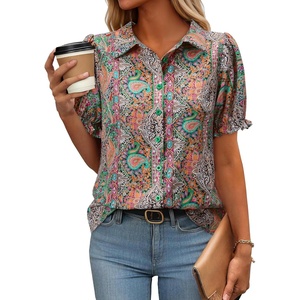 siliteelon Button Down Shirts Short Sleeve Collared Shirts for Women Puff Short Sleeve Collared Casual Spring Summer Ladies(Boho)