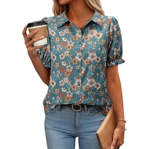 siliteelon Button Down Shirts Short Sleeve Collared Shirts for Women Puff Short Sleeve Collared Casual Spring Summer Ladies(Dark Green Floral)