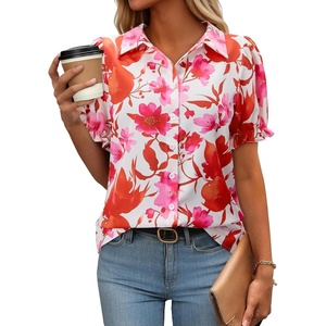 siliteelon Button Down Shirts Short Sleeve Collared Shirts for Women Puff Short Sleeve Collared Casual Spring Summer Ladies(Red Floral B)