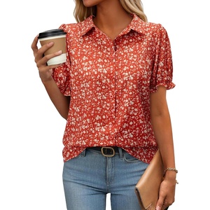 siliteelon Button Down Shirts Short Sleeve Collared Shirts for Women Puff Short Sleeve Collared Casual Spring Summer Ladies(Red Floral a)