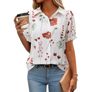 siliteelon Button Down Shirts Short Sleeve Collared Shirts for Women Puff Short Sleeve Collared Casual Spring Summer Ladies(White Floral B)