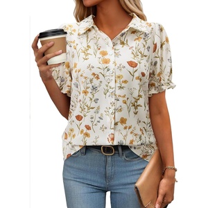 siliteelon Button Down Shirts Short Sleeve Collared Shirts for Women Puff Short Sleeve Collared Casual Spring Summer Ladies(White Floral C)