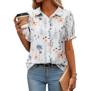 siliteelon Button Down Shirts Short Sleeve Collared Shirts for Women Puff Short Sleeve Collared Casual Spring Summer Ladies(White Floral a)