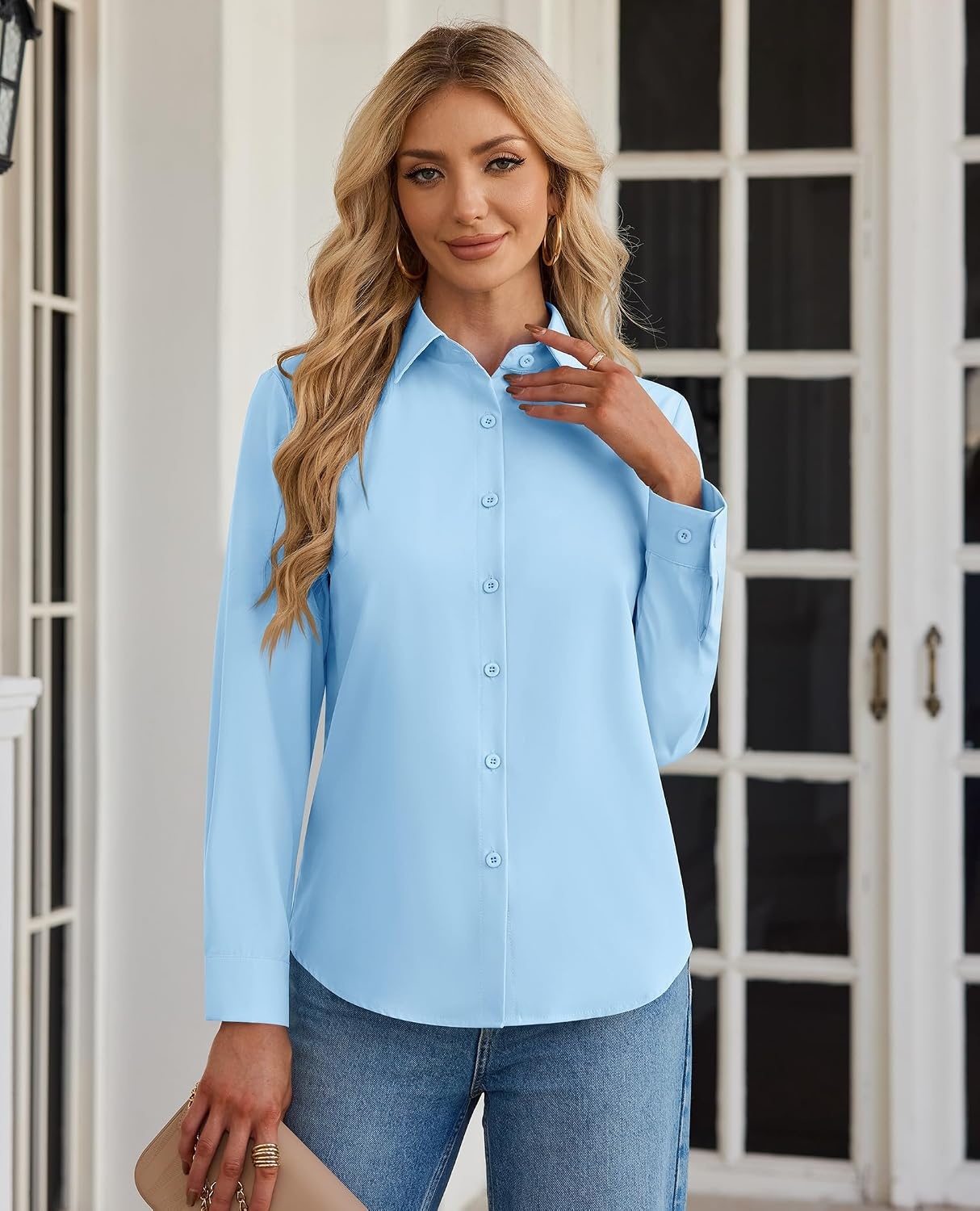 image:imageButton Up Shirts Women Stain Resistant Collared Business Casual Blouses StainShield Not SeeThrough Classic Fit Dinner Date Night Top Office Interview Formal Shirt Travel Business AttireLight Blue