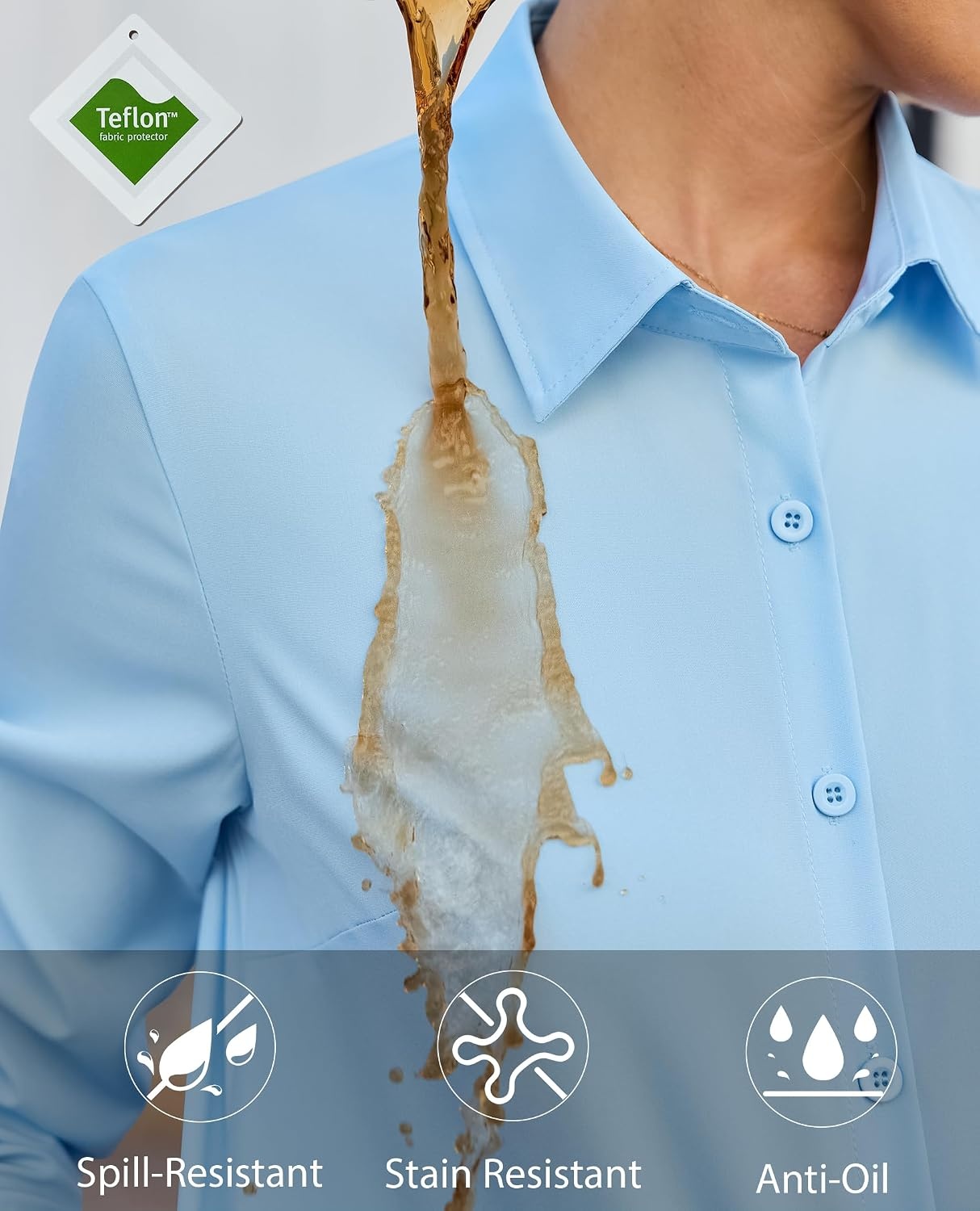 image:imageButton Up Shirts Women Stain Resistant Collared Business Casual Blouses StainShield Not SeeThrough Classic Fit Dinner Date Night Top Office Interview Formal Shirt Travel Business AttireLight Blue