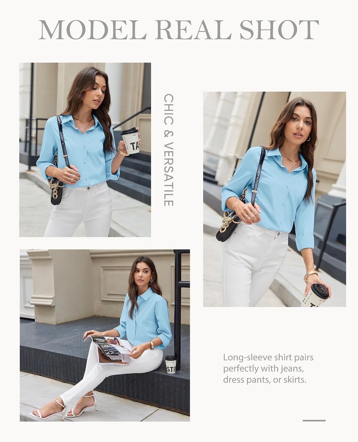 image:imageButton Up Shirts Women Stain Resistant Collared Business Casual Blouses StainShield Not SeeThrough Classic Fit Dinner Date Night Top Office Interview Formal Shirt Travel Business AttireLight Blue