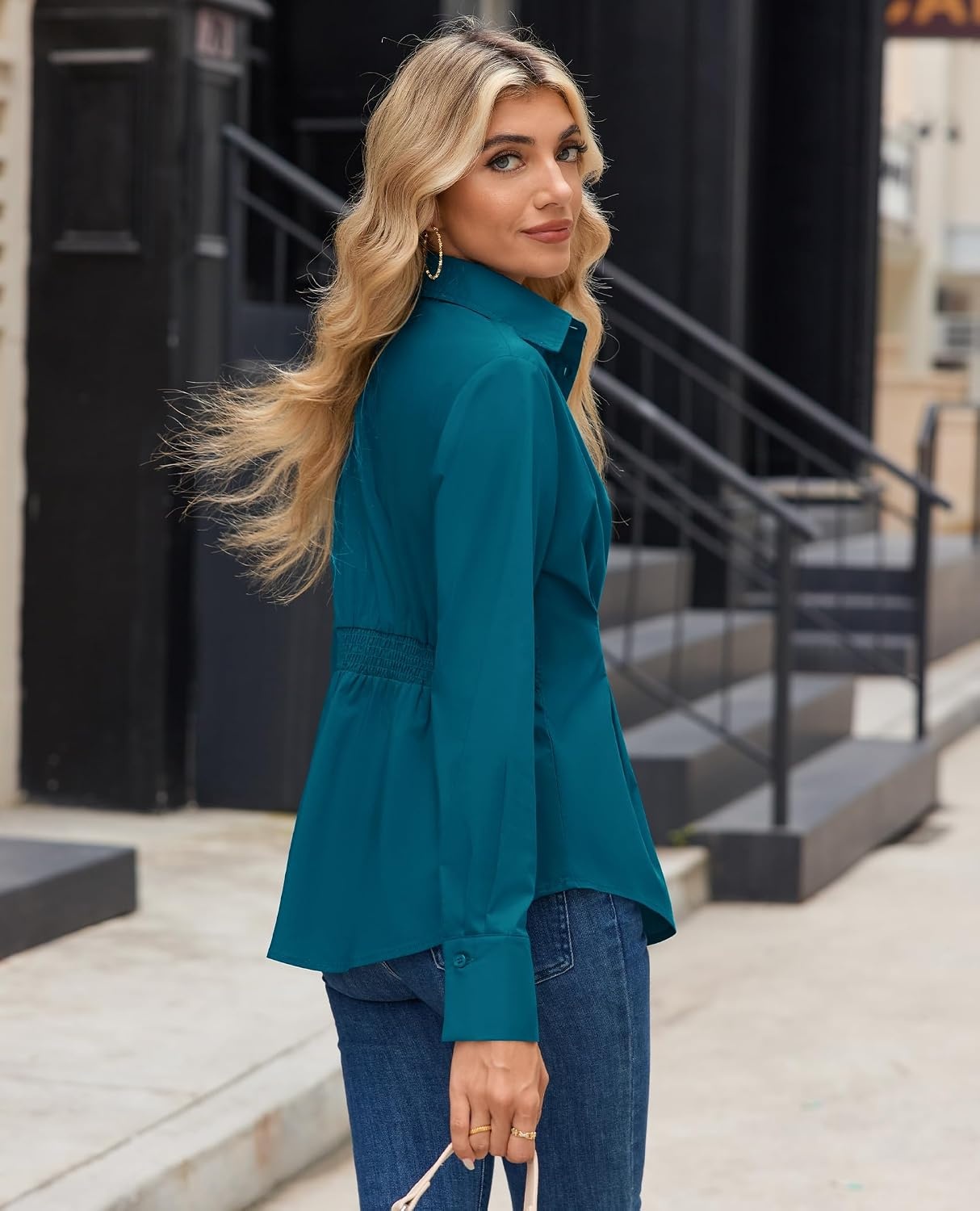 image:imagesiliteelon Cinched Waist Tops for Women Fitted Button Down Collared Blouse Back Elastic Waist Desigh Flattering Fit Business Casual Work Office Breathable Versatile Cotten BlendPeacock Blue