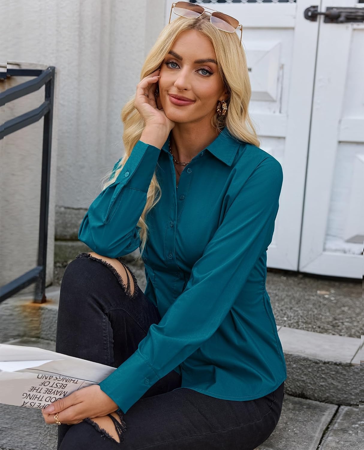 image:imagesiliteelon Cinched Waist Tops for Women Fitted Button Down Collared Blouse Back Elastic Waist Desigh Flattering Fit Business Casual Work Office Breathable Versatile Cotten BlendPeacock Blue