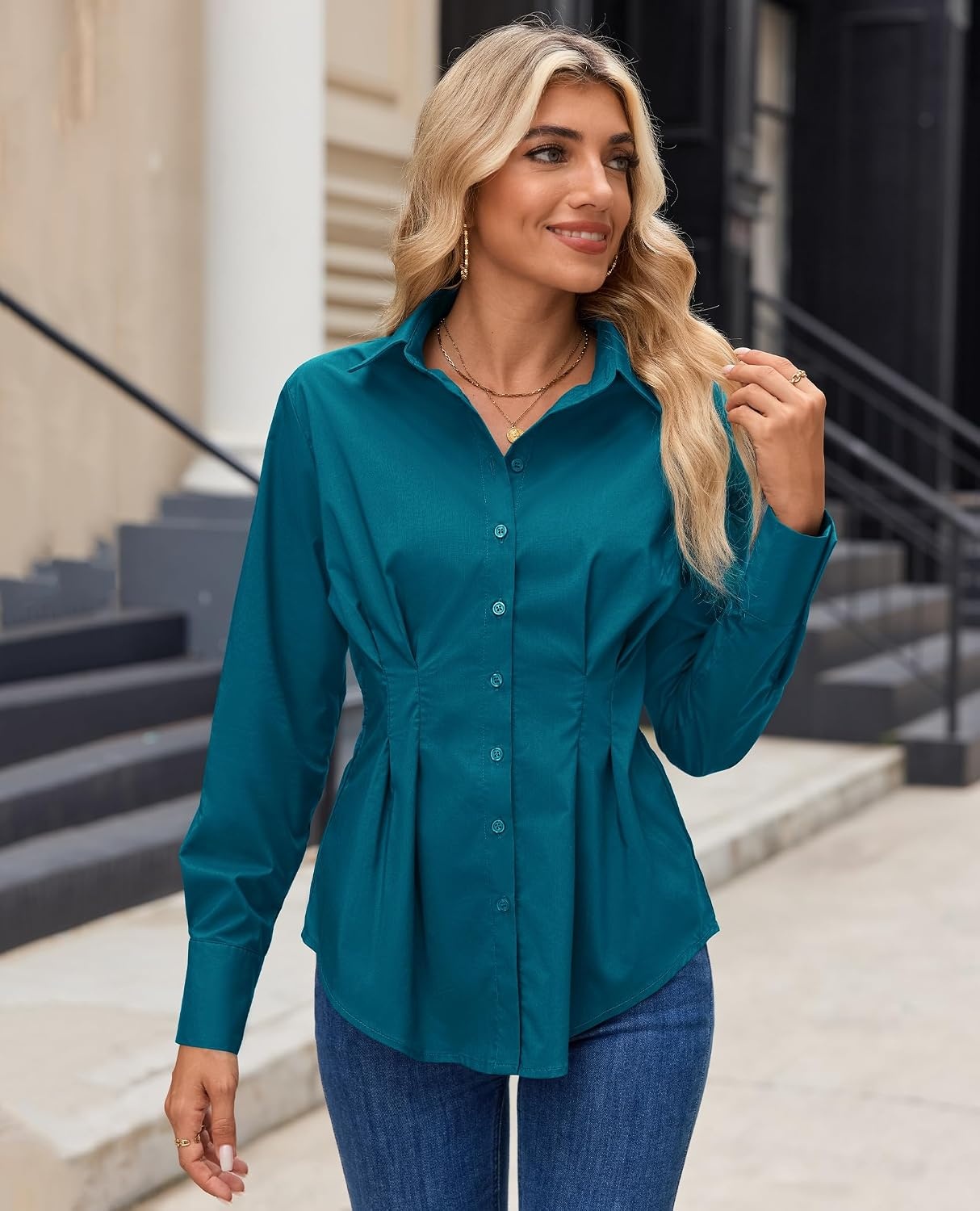 image:imagesiliteelon Cinched Waist Tops for Women Fitted Button Down Collared Blouse Back Elastic Waist Desigh Flattering Fit Business Casual Work Office Breathable Versatile Cotten BlendPeacock Blue
