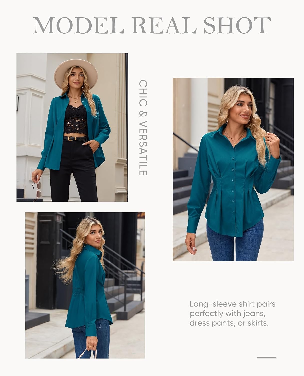 image:imagesiliteelon Cinched Waist Tops for Women Fitted Button Down Collared Blouse Back Elastic Waist Desigh Flattering Fit Business Casual Work Office Breathable Versatile Cotten BlendPeacock Blue
