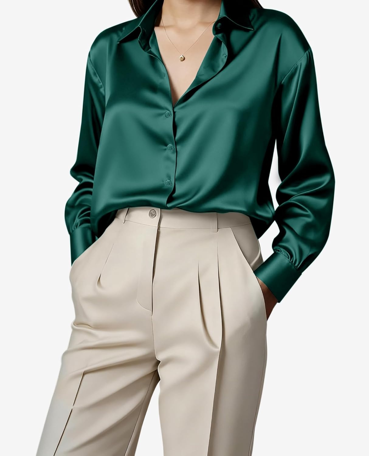 image:imageWomen Silk Blouse Striped Button Down Shirt Satin Long Sleeve Dress Shirt Fashion Collared Top Vertical Luxury Smooth Wrinkleresistant Old Money Work Business Casual Evening Party Date FallE Green