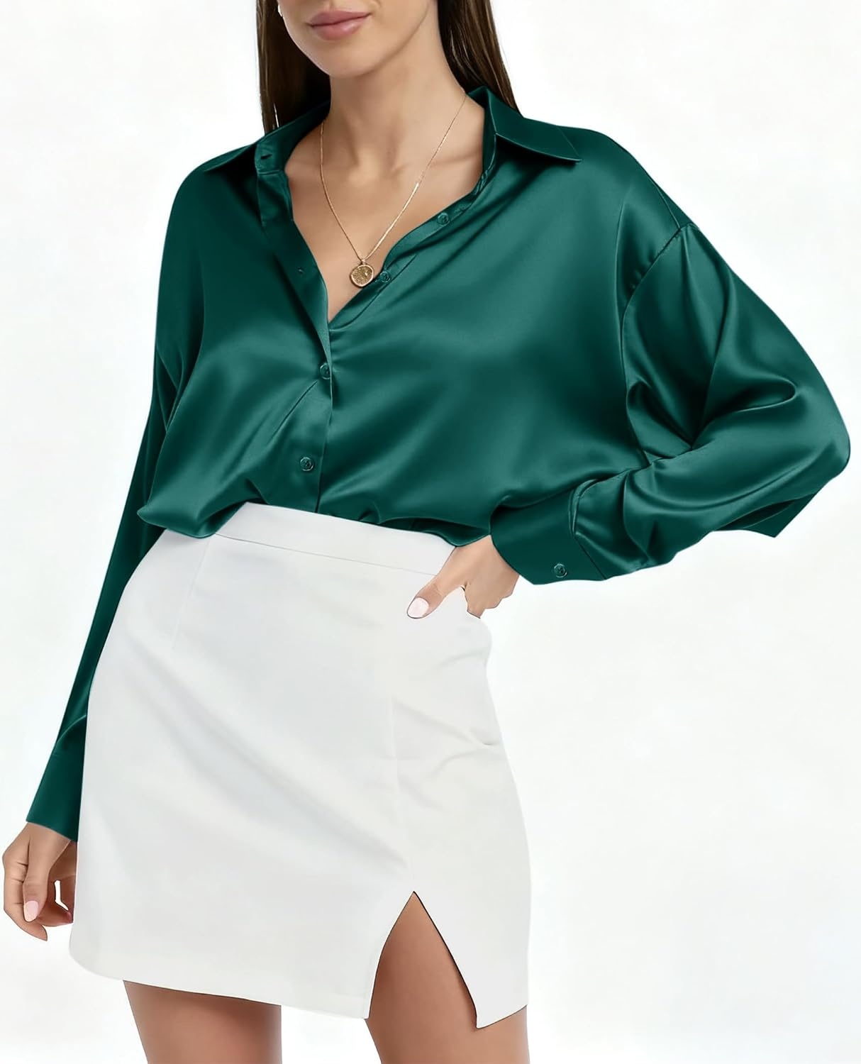 image:imageWomen Silk Blouse Striped Button Down Shirt Satin Long Sleeve Dress Shirt Fashion Collared Top Vertical Luxury Smooth Wrinkleresistant Old Money Work Business Casual Evening Party Date FallE Green