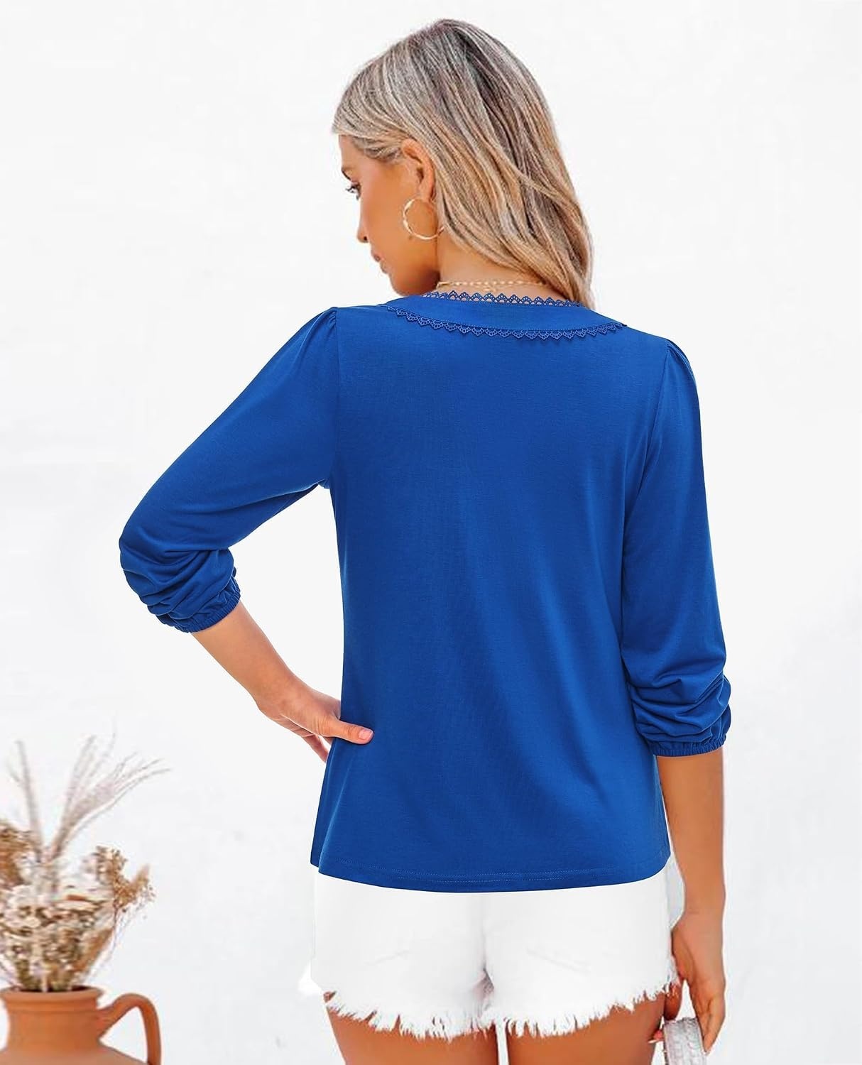 image:imagesiliteelon Long Sleeve Blouses for Women Dressy Casual Tops for Women Trendy V Neck Lantern Long Sleeve Lace Trim 2026 SpringBlue