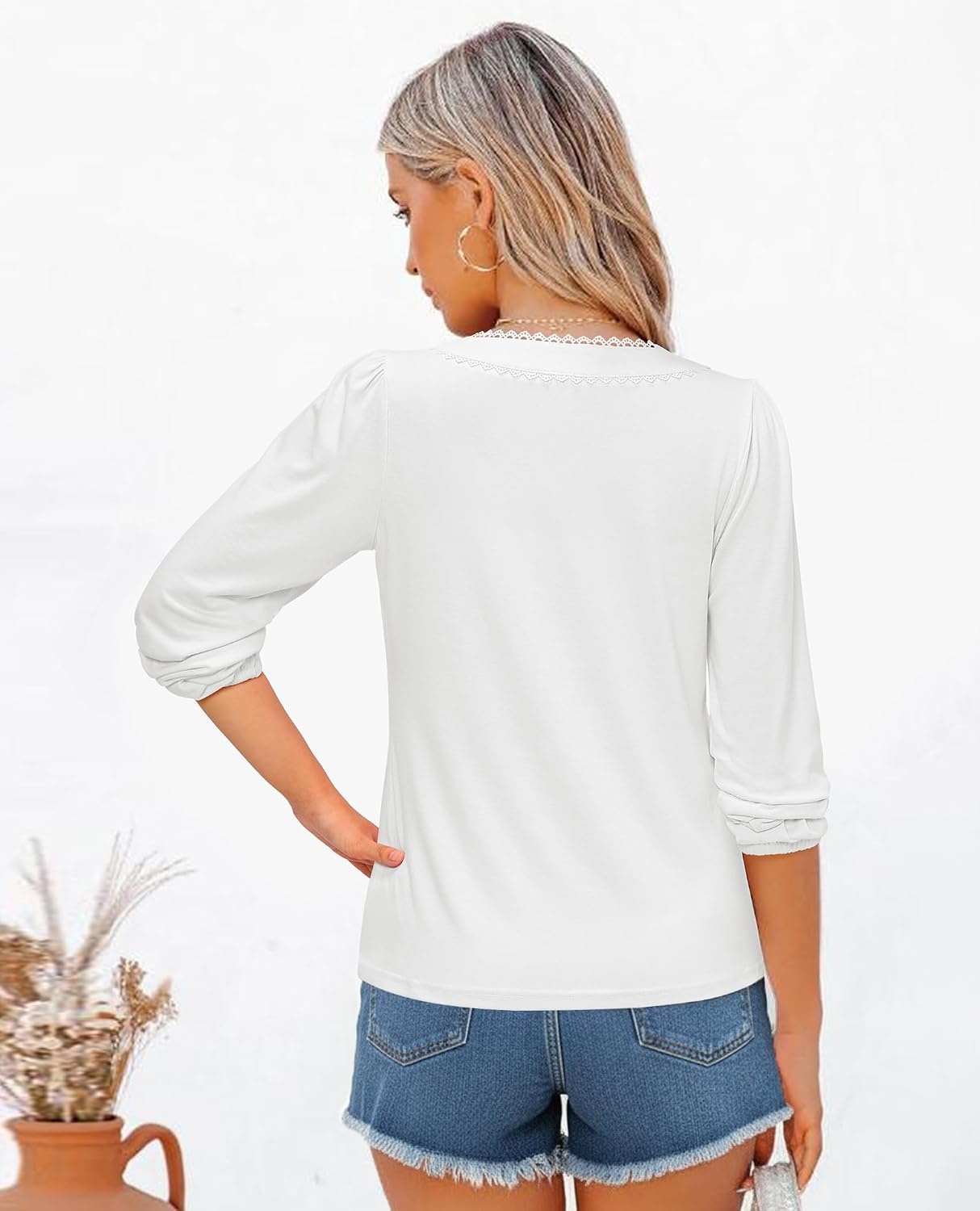 image:imagesiliteelon Long Sleeve Blouses for Women Dressy Casual Tops for Women Trendy V Neck Lantern Long Sleeve Lace Trim 2026 SpringWhite