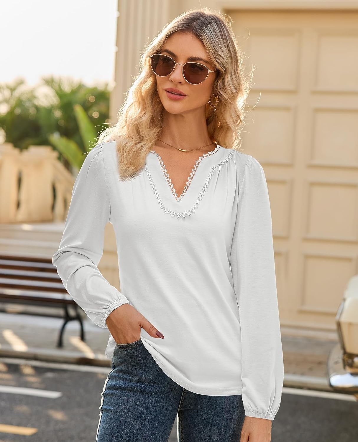 image:imagesiliteelon Long Sleeve Blouses for Women Dressy Casual Tops for Women Trendy V Neck Lantern Long Sleeve Lace Trim 2026 SpringWhite