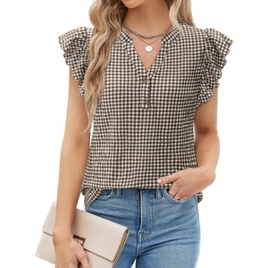 siliteelon Flutter Sleeve Tops for Women Ruffle Sleeve Cap Sleeve Tops | Short Sleeve Shirts For Women Cap Sleeve Flowy Work Office Casual Date Party Summer V-neck Shirts 2026 Trendy(Brown Checker)