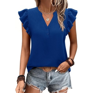 siliteelon Flutter Sleeve Tops for Women Ruffle Sleeve Cap Sleeve Tops | Short Sleeve Shirts For Women Cap Sleeve Flowy Work Office Casual Date Party Summer V-neck Shirts 2026 Trendy(Royal Blue)
