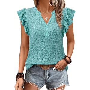 siliteelon Flutter Sleeve Tops for Women Ruffle Sleeve Cap Sleeve Tops | Short Sleeve Shirts For Women Cap Sleeve Flowy Work Office Casual Date Party Summer V-neck Shirts 2026 Trendy(Blue Floral)